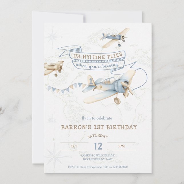 Vintage Airplane Aviator Pilot 1st Birthday Invitation (Front)