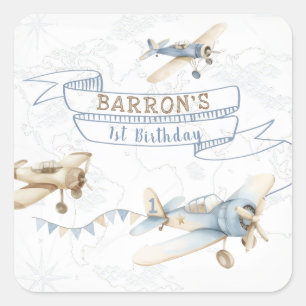 Vintage Airplane Aviator Pilot 1st Birthday Square Sticker