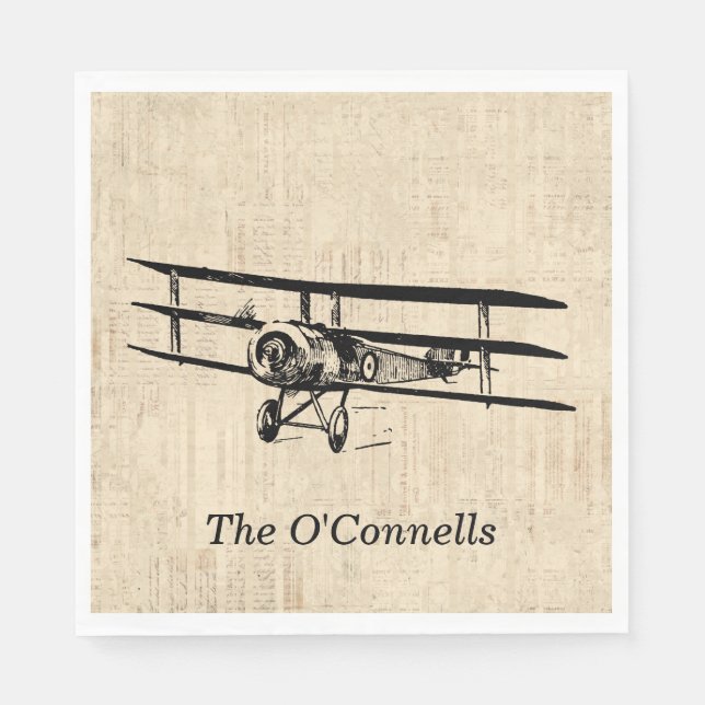 Vintage Airplane Old Antique Plane Custom Name Napkin (Front)