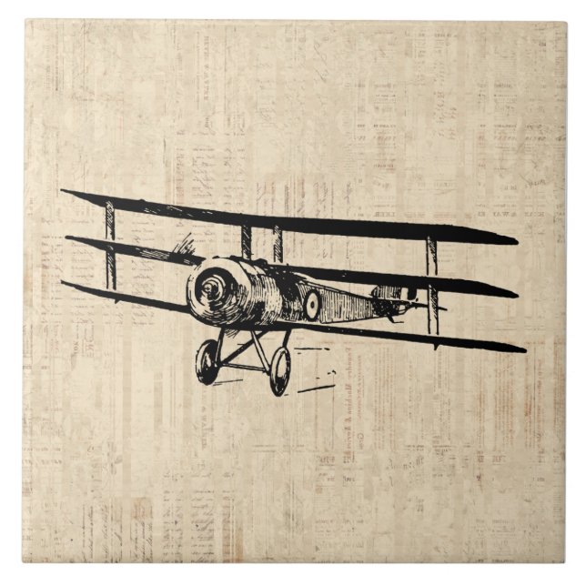 Vintage Airplane Old Antique Plane Illustration Ceramic Tile (Front)