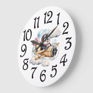 Vintage Airplane Penguin Boy Baby Shower Gift Idea Large Clock