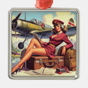 Vintage Airplane Pin-Up Illustration Metal Ornament