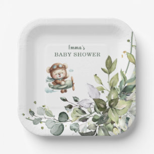 Vintage Airplane Teddy Bear Baby Shower Paper Plate