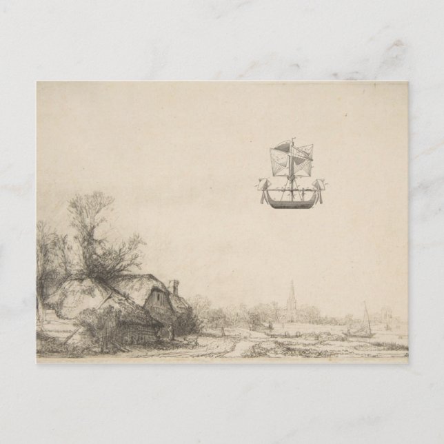 Vintage Airship Flying Machine Art Drawing Postcard (Front)