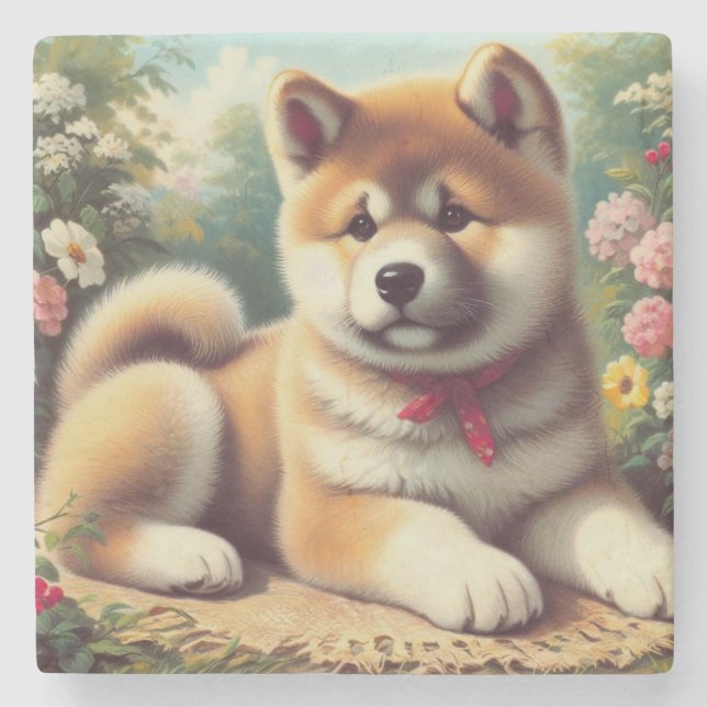 Vintage Akita Oil Painting Stone Coaster (Front)