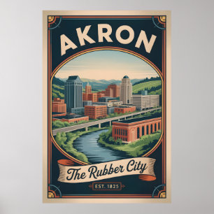 Vintage Akron Ohio Retro Travel Poster Illustratio