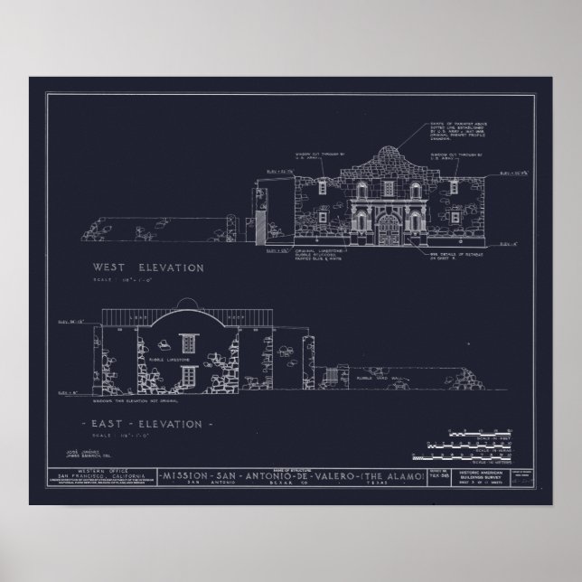 Vintage Alamo Architectural Blueprints Poster (Front)