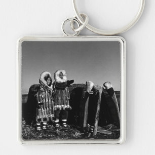 Vintage Alaska Fur clad eskimo arctic sod igloo Key Ring
