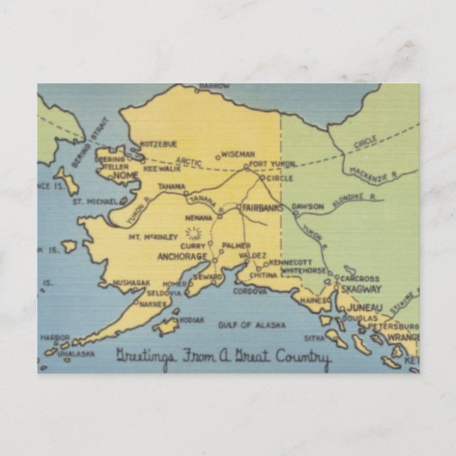 Vintage Alaska Map - Bering Strait, Nome, Barrow Postcard (Front)