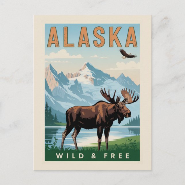 Vintage Alaska Moose Mountain Wild & Free Postcard (Front)