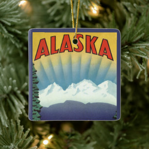 Vintage Alaska Travel Poster Art, Scenic Landscape Ceramic Ornament