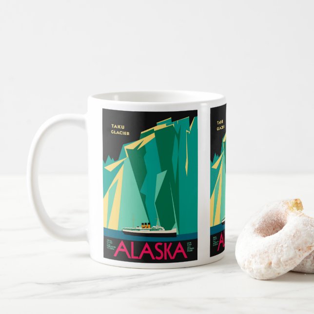 Vintage Alaska Travel Poster Art, Taku Glacier Coffee Mug (With Donut)