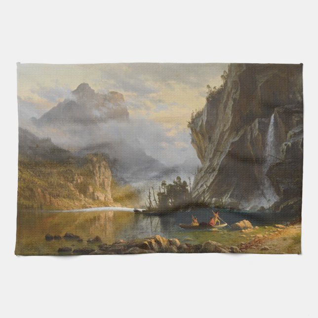 Vintage Albert Bierstadt Indians Spear Fishing Tea Towel (Horizontal)