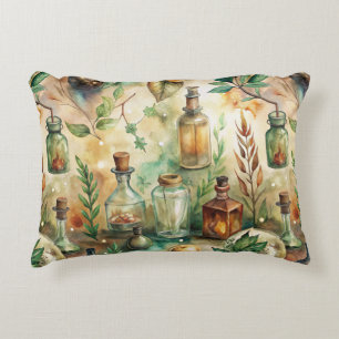 Vintage Alchemy Bottles Botanical Green Decorative Cushion