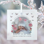 Vintage Alice In Wonderland Birth Announcement Glass Tree Decoration<br><div class="desc">Beautifully designed vintage Alice in Wonderland-themed birth announcement glass ornament. We've meticulously restored the iconic Alice in Wonderland vintage white rabbit & Alice illustration by hand sketching and bringing it to life with beautiful watercolor undertones. Features our hand-drawn watercolor and sketch-style rose blossom photo frame arrangement for you to add...</div>