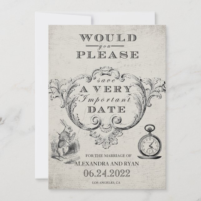 Vintage Alice in Wonderland Wedding Save The Date (Front)