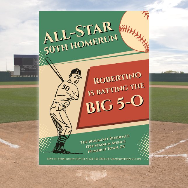 Vintage All Star Baseball Men 50th Birthday Invitation (Creator Uploaded)