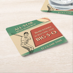 Vintage All Star Baseball Men 50th Birthday Square Paper Coaster