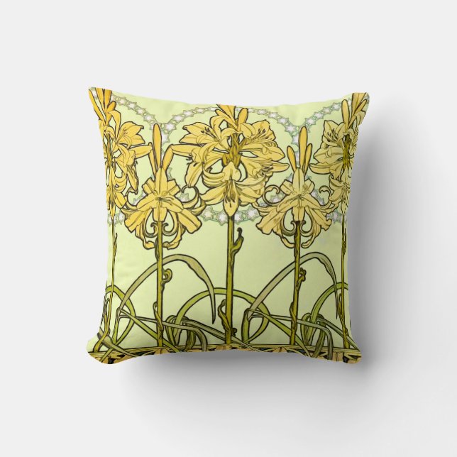 Vintage Alphonse Mucha Art Nouveau Lily Pattern Cushion (Front)