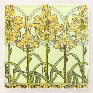 Vintage Alphonse Mucha Art Nouveau Lily Pattern Glass Coaster