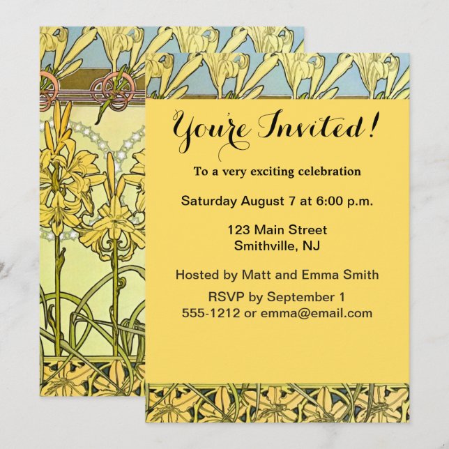 Vintage Alphonse Mucha Art Nouveau Lily Pattern Invitation (Front/Back)