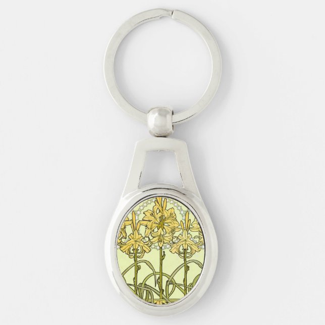 Vintage Alphonse Mucha Art Nouveau Lily Pattern Key Ring (Front)