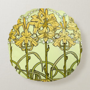 Vintage Alphonse Mucha Art Nouveau Lily Pattern Round Cushion