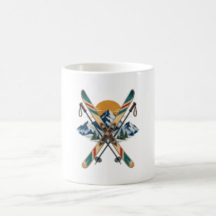 Vintage Alpine Skis Mountains and Sunrise Mug