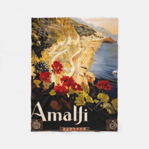 Vintage Amalfi Italia Travel Graphic Poster Art Fleece Blanket