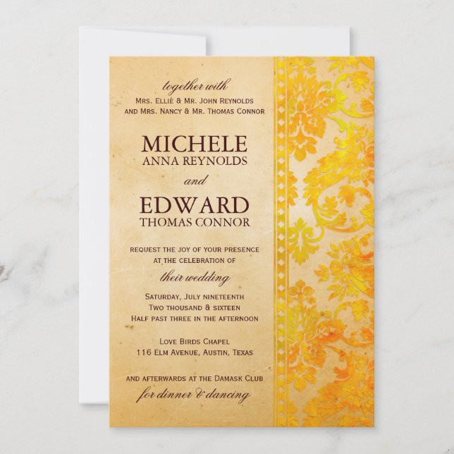 Vintage Amber Damask Lace Wedding Invitation (Front)