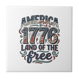 Vintage America 1776 Land of the Free Shirt Design Ceramic Tile