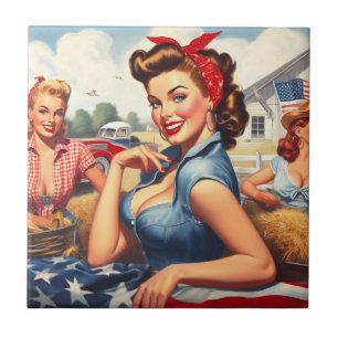 Vintage American Country Girl Ceramic Tile