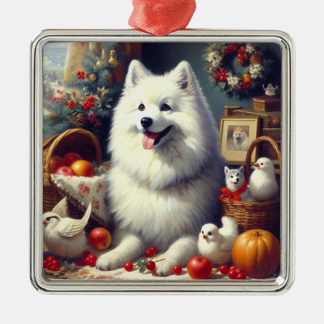 Vintage American Eskimo Painting Metal Ornament (Front)