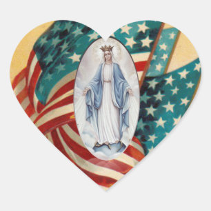 Vintage American Flag Blessed Virgin Mary Heart Sticker