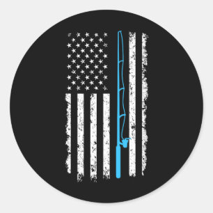 Vintage American Flag Fishing Rod Short Sleeve  Classic Round Sticker
