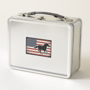 Vintage American Flag Horse Vector Art Design Metal Lunch Box