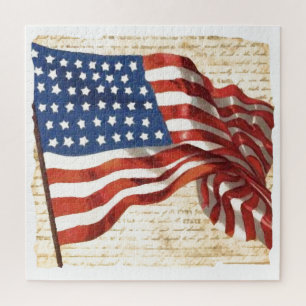 Vintage American Flag Illustration Art Jigsaw Puzzle