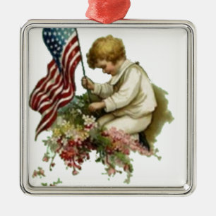 Vintage American Flag Little Boy Metal Ornament