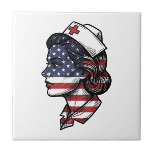 Vintage American Flag Nurse Profile Vector Design_ Ceramic Tile