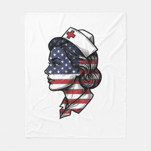 Vintage American Flag Nurse Profile Vector Design_ Fleece Blanket