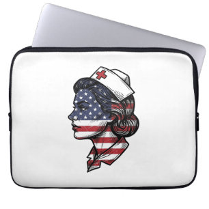 Vintage American Flag Nurse Profile Vector Design_ Laptop Sleeve
