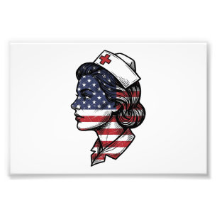 Vintage American Flag Nurse Profile Vector Design_ Photo Print