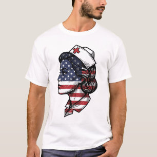 Vintage American Flag Nurse Profile Vector Design_ T-Shirt