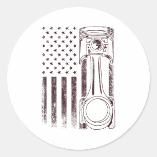 Vintage American Flag Piston Funny Muscle Car Mech Classic Round Sticker