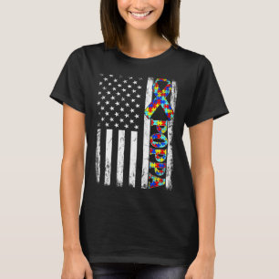 Vintage American Flag Poppa Autism Awareness Famil T-Shirt