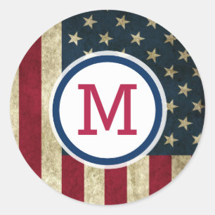 Vintage American Flag Red And Blue Monogram Classic Round Sticker
