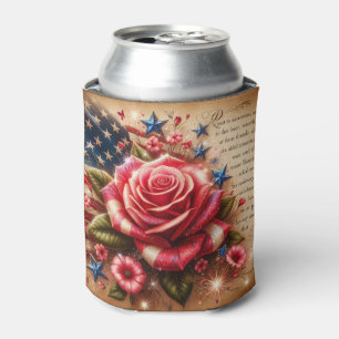Vintage American Flag, Roses and Stars Can Cooler
