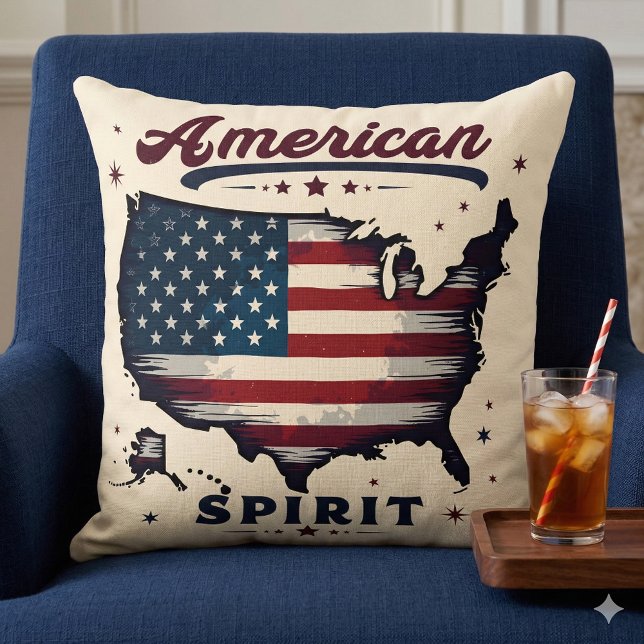 Vintage American Flag USA Map Distressed Art Cushion (Vintage American Flag USA Map Distressed Art Throw Pillow Mockup A)