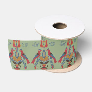 Vintage American Folk Art Birds Heart Floral Satin Ribbon