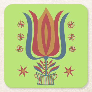 Vintage American Folk Art Tulip Floral Decor Square Paper Coaster